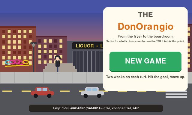 The DonOrangio title screen: a city street at dusk