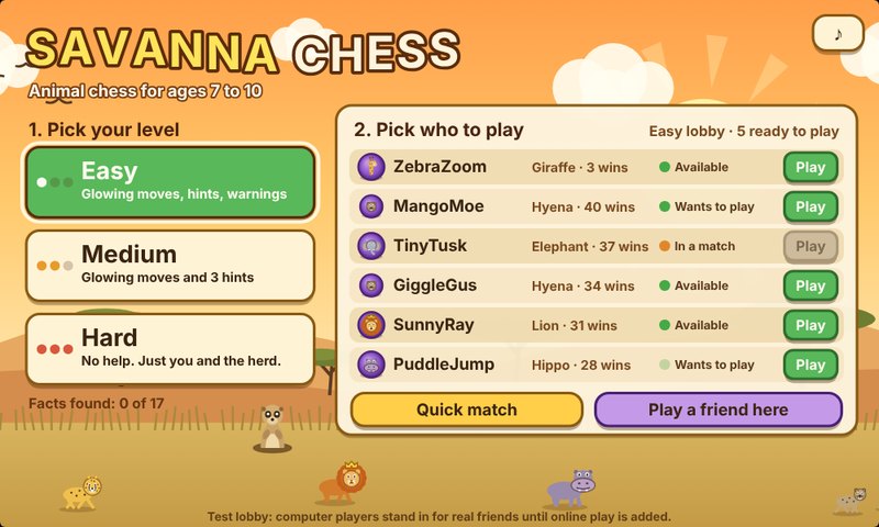 Savanna Chess home screen: a savanna at sunset with a lobby of players